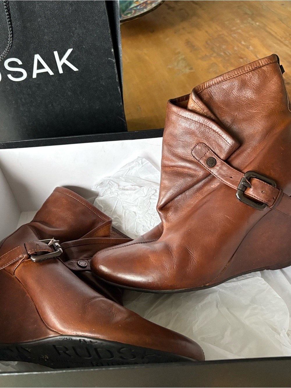 RUDSAK Cognac Leather Wedge Boots with Buckle